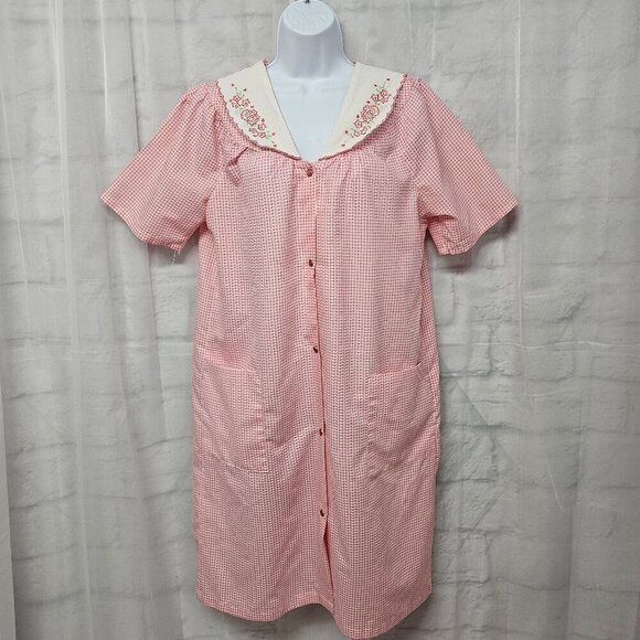 Dreamcrest Pink Gingham Pearl Snap House Dress Nightgown Lounge M - Picture 14 of 14
